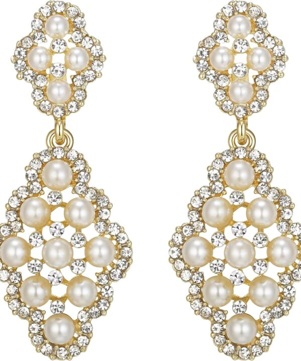 BriLove Wedding Bridal Simulated Pearl Earrings for Women Crystal Hollow Rhombus Chandelier Dangle Earrings for Party Prom Accessories