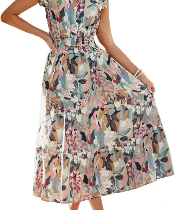 Simplee Womens Summer Floral Maxi Dress V Neck Ruffle Short Sleeve Flowy Dress Drawstring Boho Casual Beach Long Dresses