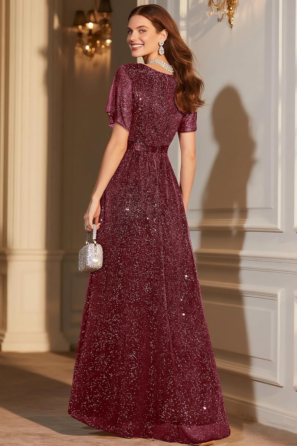 Pinup Fashion Formal Gowns and Evening Dresses – Glitter Prom V Neck Flutter Sleeve A-line Long Dress with Belt