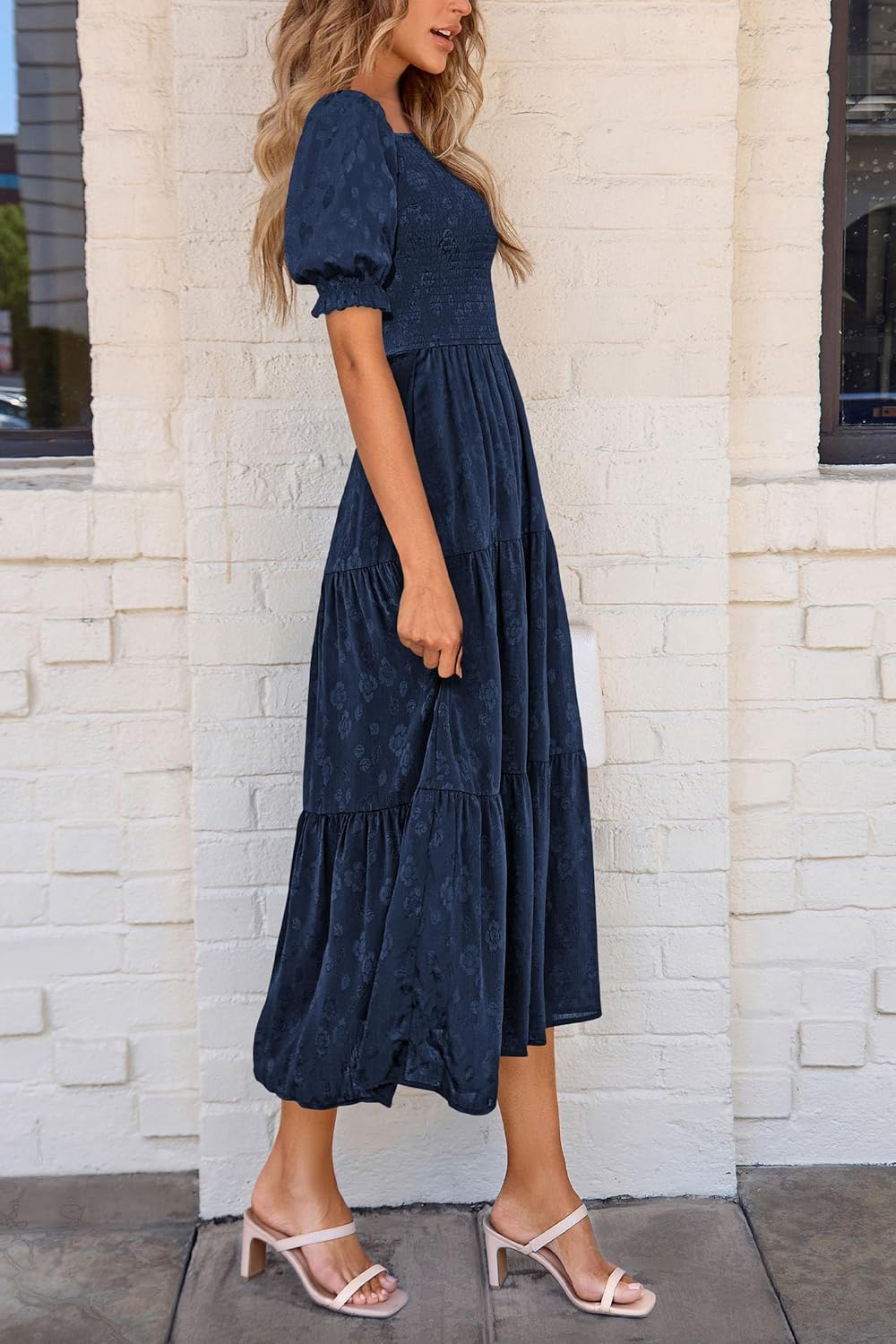 PRETTYGARDEN Womens 2026 Summer Casual Midi Dresses Square Neck Short Sleeve Smocked A Line Floral Flowy Elegant Boho Dress