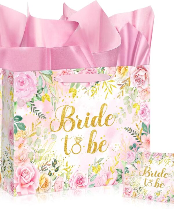 Yomaiha Bride Gift Bag Floral Bridal Shower Gift Bag with Card and Tissue Paper, Bridal Shower Gift Wrapping Paper Bag for Engagement Bride to Be Wedding Party, Bachelorette Party Supplies