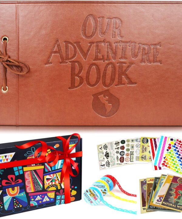 Scrapbook Albums, LUNIQI Leather Embossed Letter Cover Our Adventure Book, Hand Made DIY Collecting Photoes for Family, Party, Marry, Travel, Hold 3X5, 4X6, 5X7, 6X8, Stickers, Gift Box