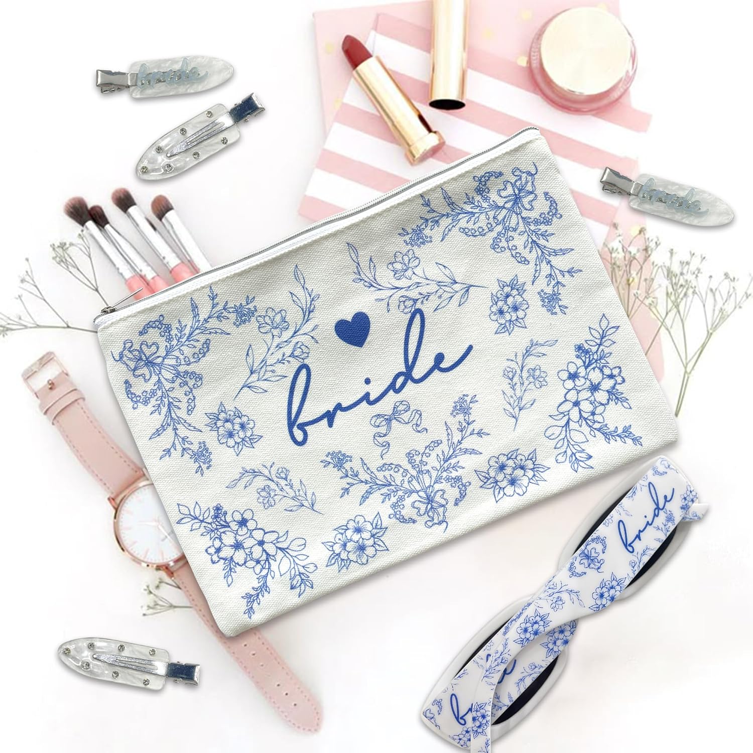 LADY&HOME Bride Makeup Bag Blue Bride Bag for Bridal Shower Wedding Engagement Gifts