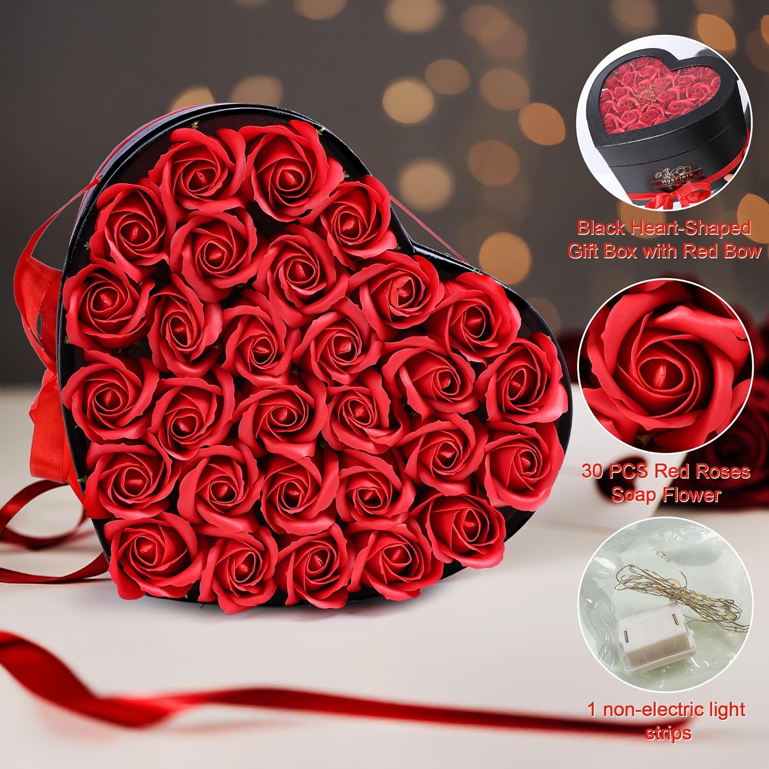 HyeFlora 30pcs Fake Red Roses in a Heart Shape Box, Fake Roses Artificial Flowers Forever Roses Gifts Box for Her Wife Girlfriends for Mom Women Grandma Birthday