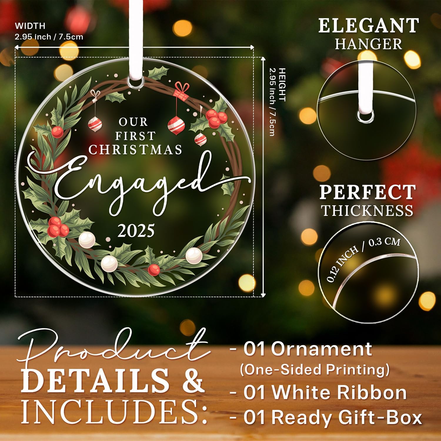 HEXMOZ Engagement Gifts for Couples – Engagement Gift for Women, Fiance, Her, Bride to Be, Newly Engaged Couples – First Christmas Engaged Acrylic Ornament 2025 – Party Decorations
