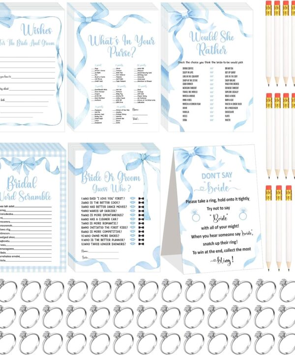 Estune 331 Pcs Bridal Shower Games Supplies, 5 Sets 250 Pcs Wedding Cards 1 Bridal Shower Games with 60 Rings and 20 Pencils (Blue Bow)