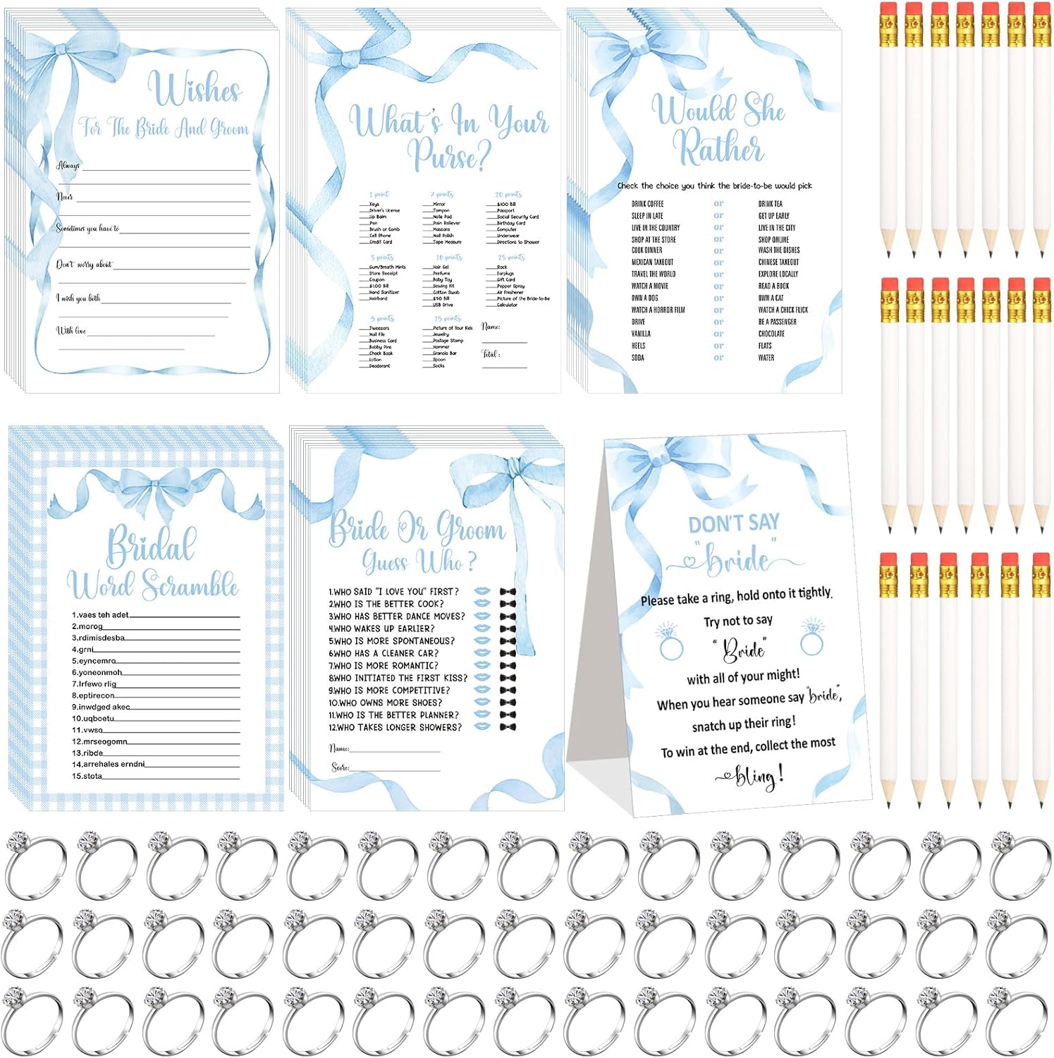 Estune 331 Pcs Bridal Shower Games Supplies, 5 Sets 250 Pcs Wedding Cards 1 Bridal Shower Games with 60 Rings and 20 Pencils (Blue Bow)