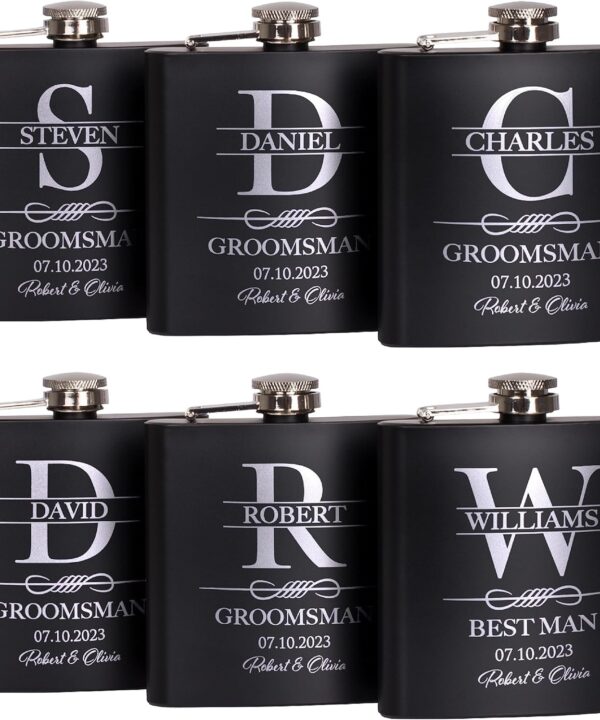 Set of 6, Groomsmen Gifts for Wedding | Personalized Groomsmen Flasks w/Optional Gift Box, Bachelor Party Team, 6 oz. Custom Engraved Hip Flasks for Best Man and Groomsman Proposal #3, Stainless Steel