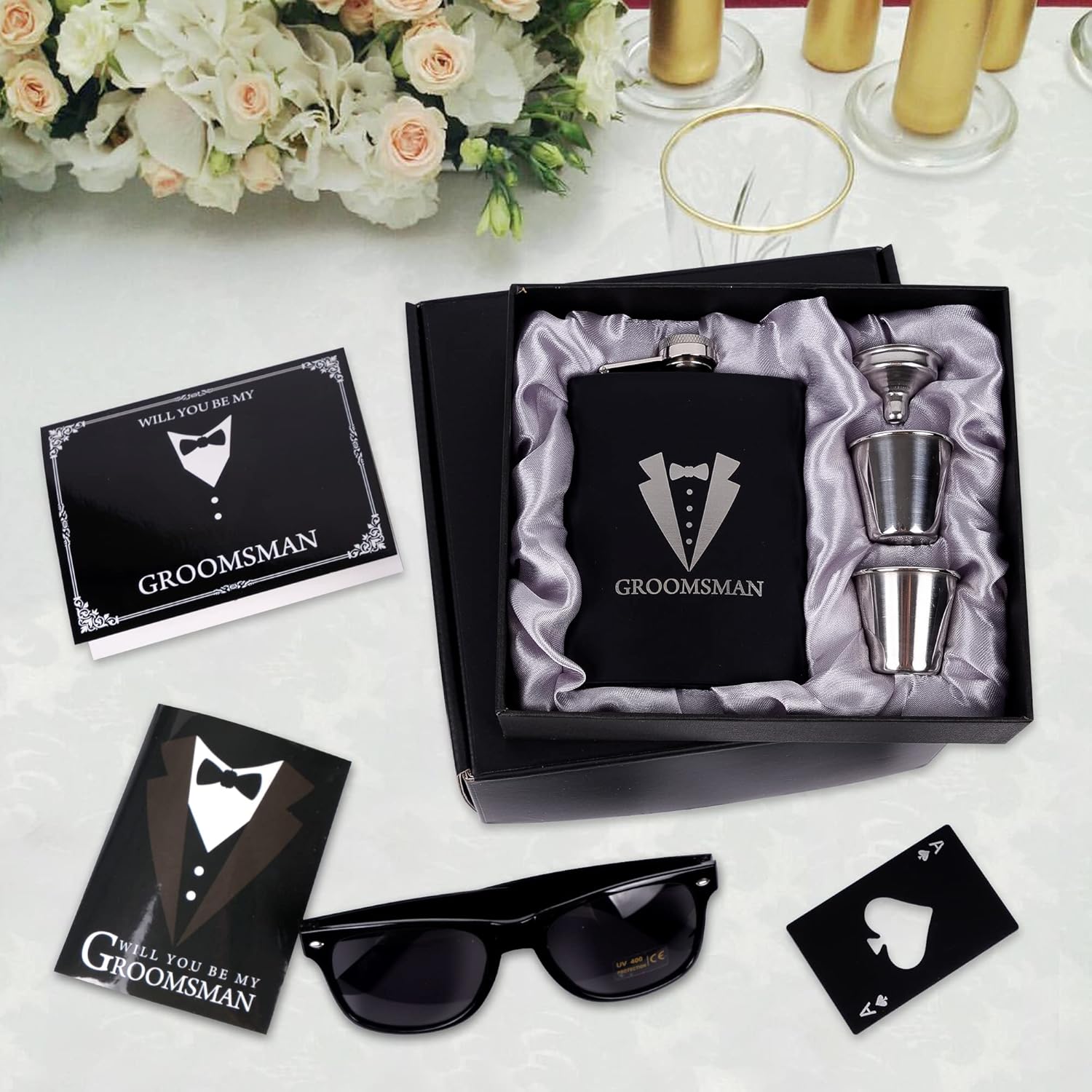 6 Pieces Groomsmen Gifts Groomsman Proposal Wedding Party Box Set:8oz Stainless Steel Tuxedo Flask with cups Poker Bottle Cap Opener Sunglass Card Sticker Groomsman Box for Wedding Bachelor Party