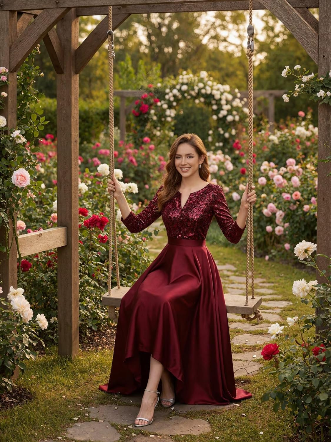 Long Sleeves Mother of The Bride Dresses for Women Sequin Satin V-Neck Hi-Lo Formal Wedding Guest Gown with Pockets