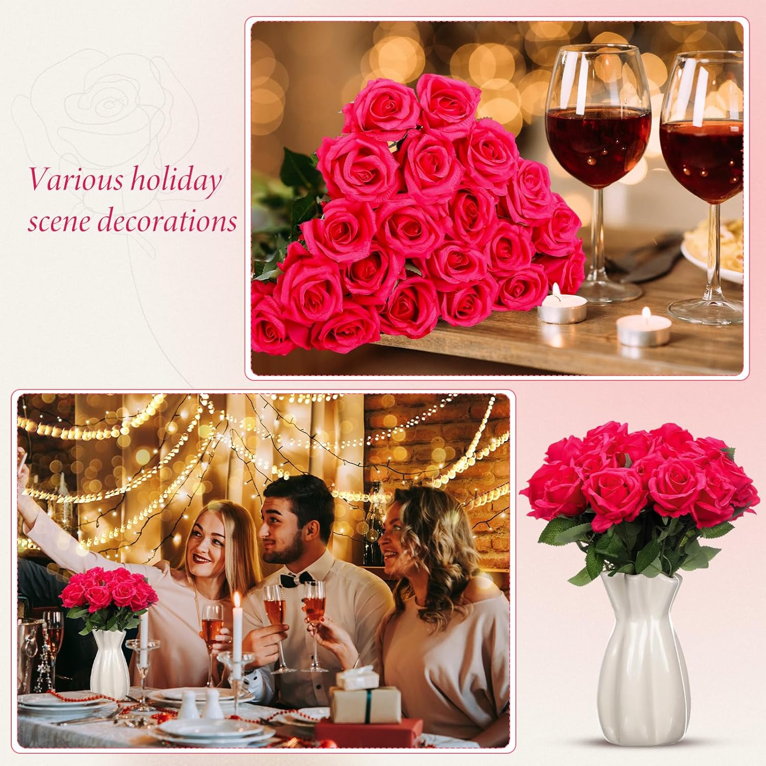 Hotop 20 Pcs Artificial Rose Flowers with Long Stem,Real Touch Silk Realistic Plastic Bouquet Roses Bulk for Home Decor Bridal Wedding Party Table Centerpieces Decorations(Hot Pink)