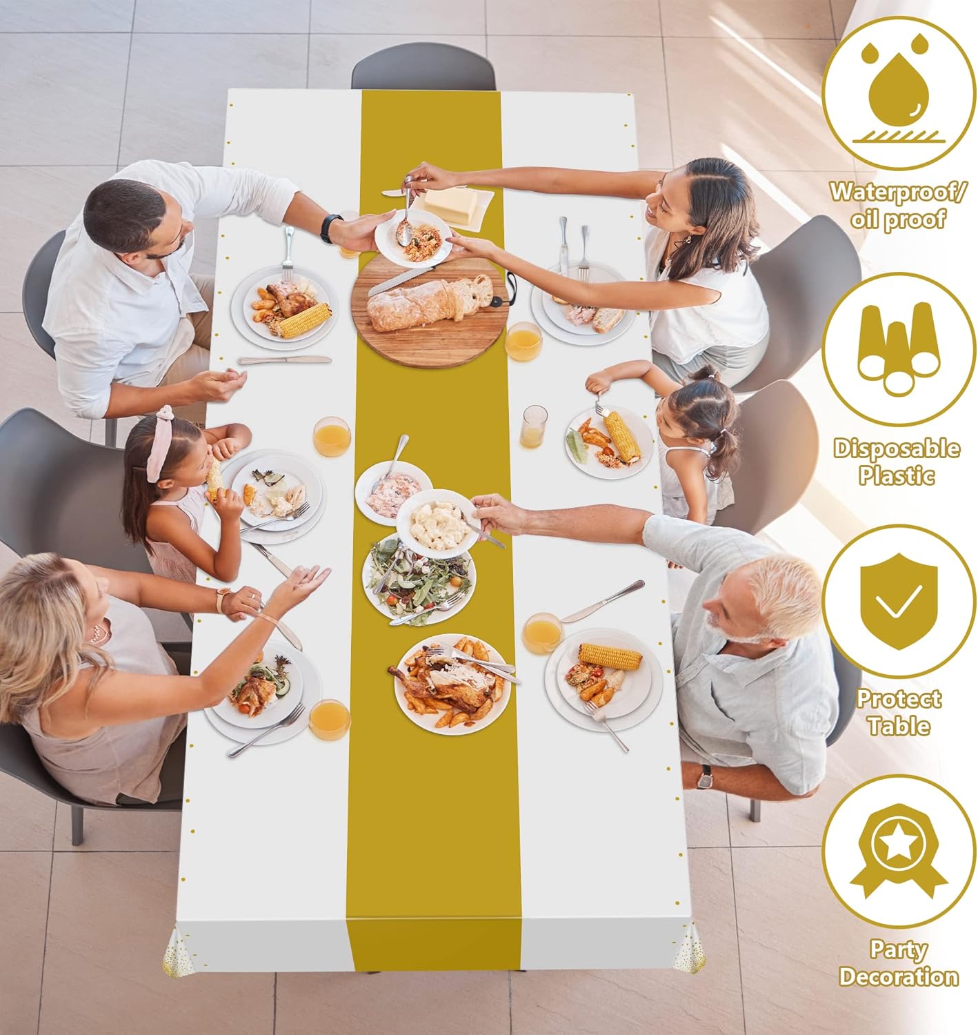OHOME 4 Pack Disposable Plastic Table Cloths for Parties,White and Gold Rectangle Table Covers for Fall Decor Wedding Bridal Shower Birthday | Baptism Friendsgiving New Years Decorations 54 x 108