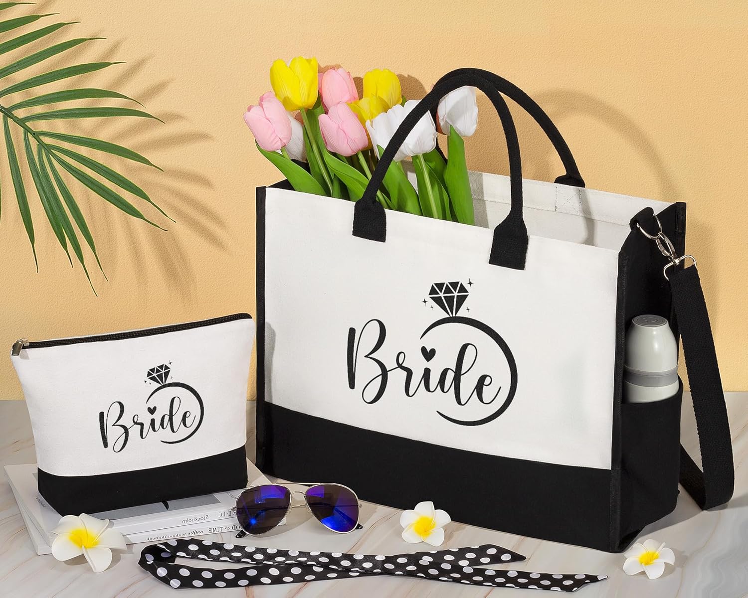 MAYICIVO Bridal Shower Gifts for Bride, Bride to Be Gifts Wedding Engagement Bachelorette Party Gift for Brides Congratulation Honeymoon Gift Set – Canvas Beach Tote Bag & Makeup Bag