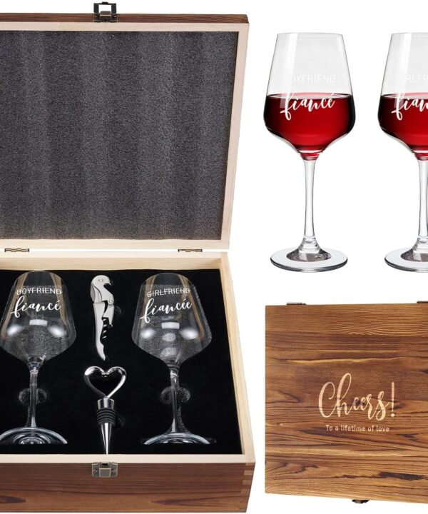 AW BRIDAL Engagement Gifts for Couples Wine Glasses Set, 2026 Fiance Gifts for Women and Newlyweds, Engaged Wine Glasses with Wine Stopper and Wood Keepsake Box, Bridal Shower Gifts for Bride
