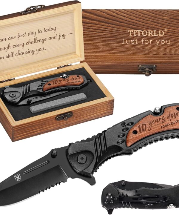 Titorld 10 Years Anniversary Keepsake Gifts for Him, 10th Tin Anniversary for Men Him Husband, Ten Year Marriage Wedding Date Engraved Pocket Knife with Gift Box, Personalized Mens knife