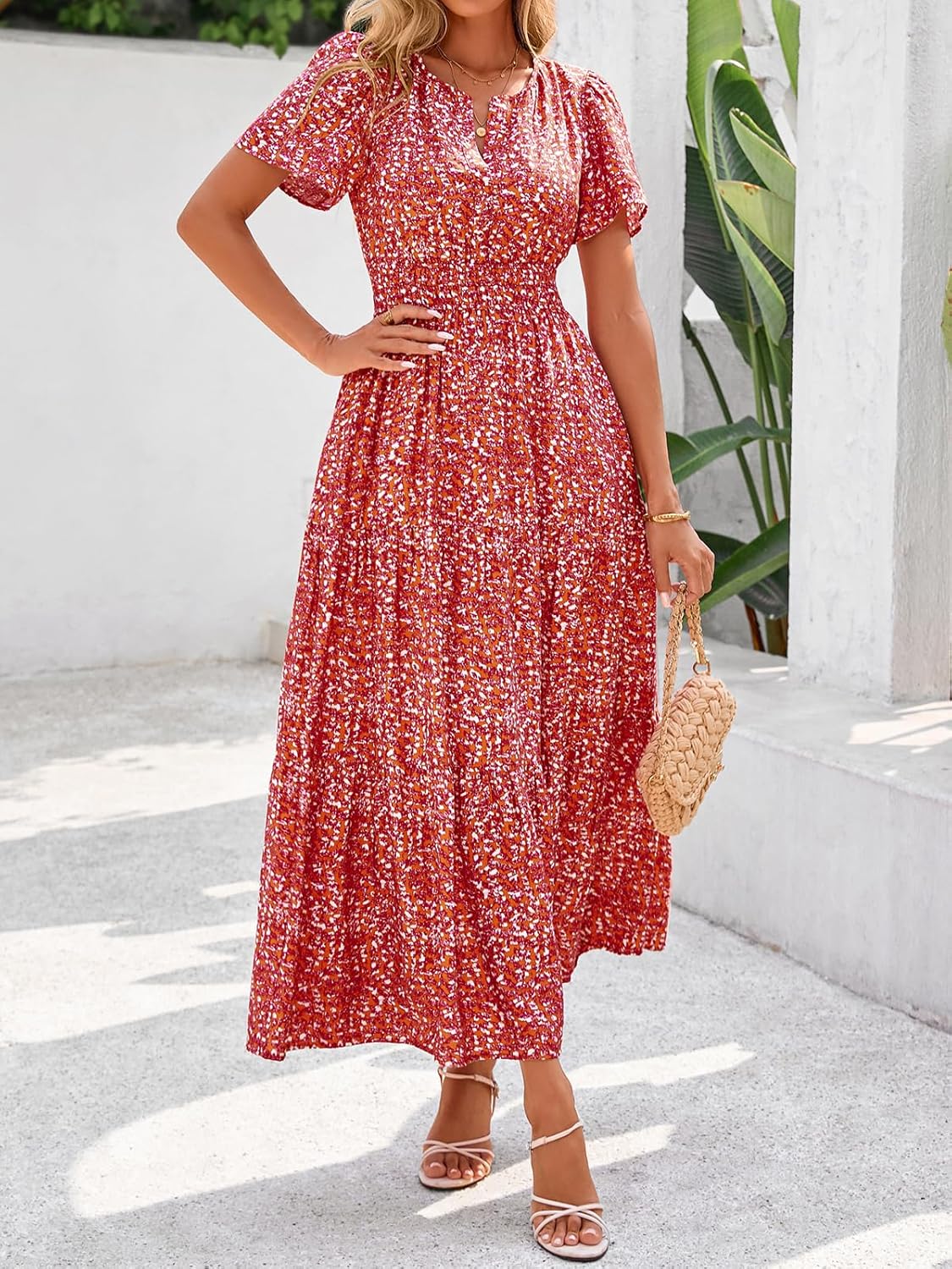 BTFBM Womens Summer Floral Maxi Dresses V Neck Short Sleeve Boho Casual Flowy Long Wedding Guest Dress Beach Vacation