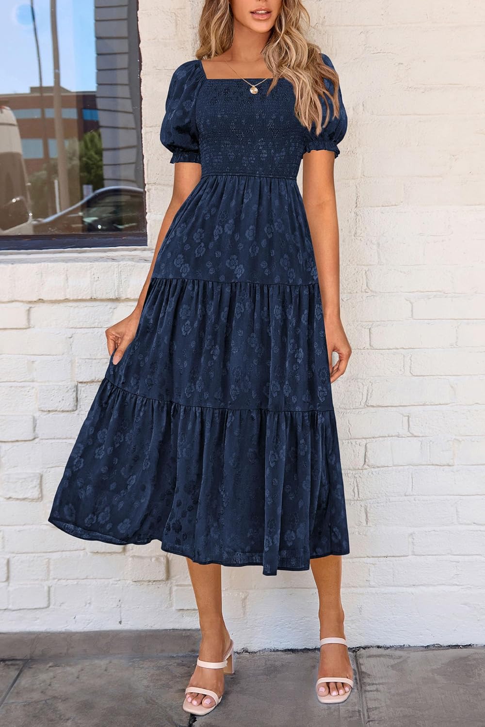 PRETTYGARDEN Womens 2026 Summer Casual Midi Dresses Square Neck Short Sleeve Smocked A Line Floral Flowy Elegant Boho Dress