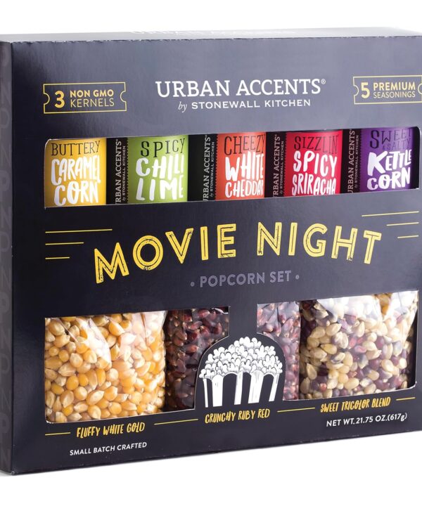 Urban Accents Movie Night Popcorn Gift Set  Includes 3 Gourmet Popcorn Kernel Varieties & 5 Flavorful Seasonings  Perfect Snack Gift Box for Parties, Holidays, or Movie Lovers