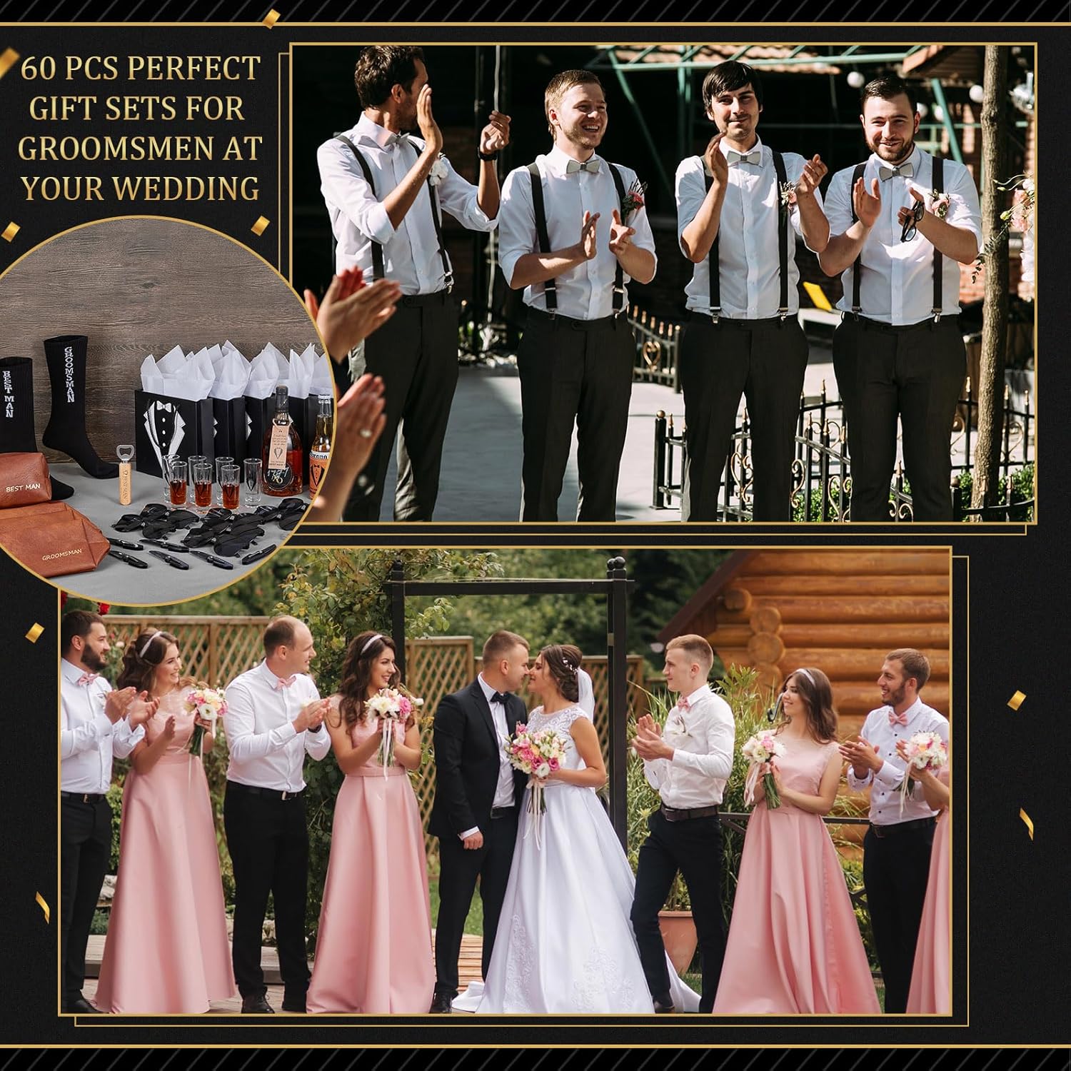 60Pcs Groomsmen Gifts Groomsmen Proposal Box with Shot Glasses Socks Sunglasses PU Leather Toiletry Bag Bottle Opener Can Cooler Groomsman Gifts for Wedding Groomsmen Best Man Gift (60, Brown)