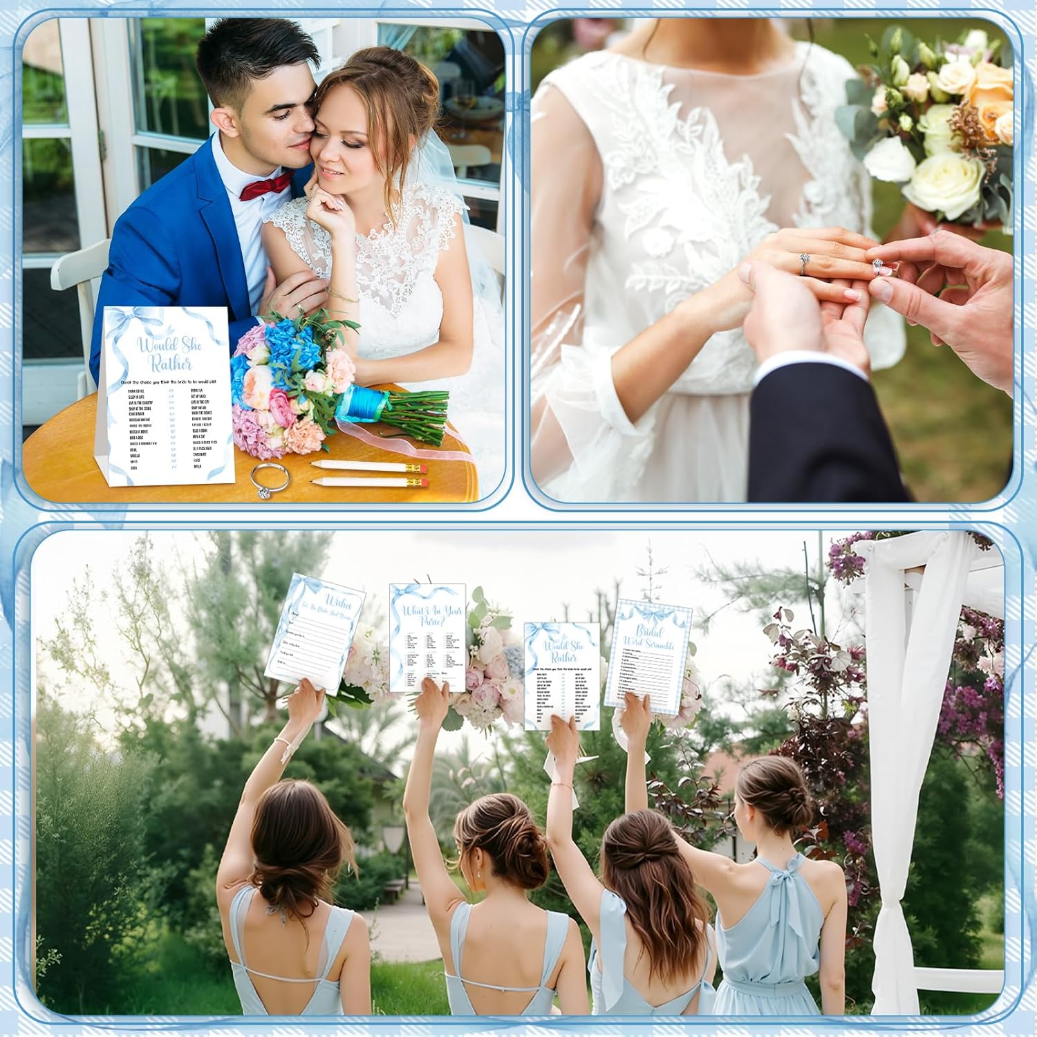 Estune 331 Pcs Bridal Shower Games Supplies, 5 Sets 250 Pcs Wedding Cards 1 Bridal Shower Games with 60 Rings and 20 Pencils (Blue Bow)