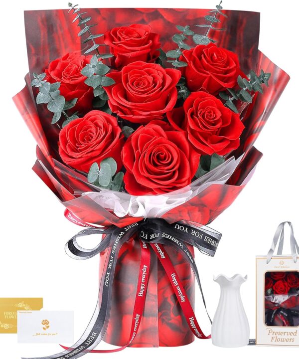 Preserved Flowers Bouquet 7 Roses - Red Real Rose & Flowers for Delivery, Eternal Roses Bouquet with Gift Box, Anniversary Birthday Valentine Gifts for Women Mom Grandma Her Wife Girlfriend