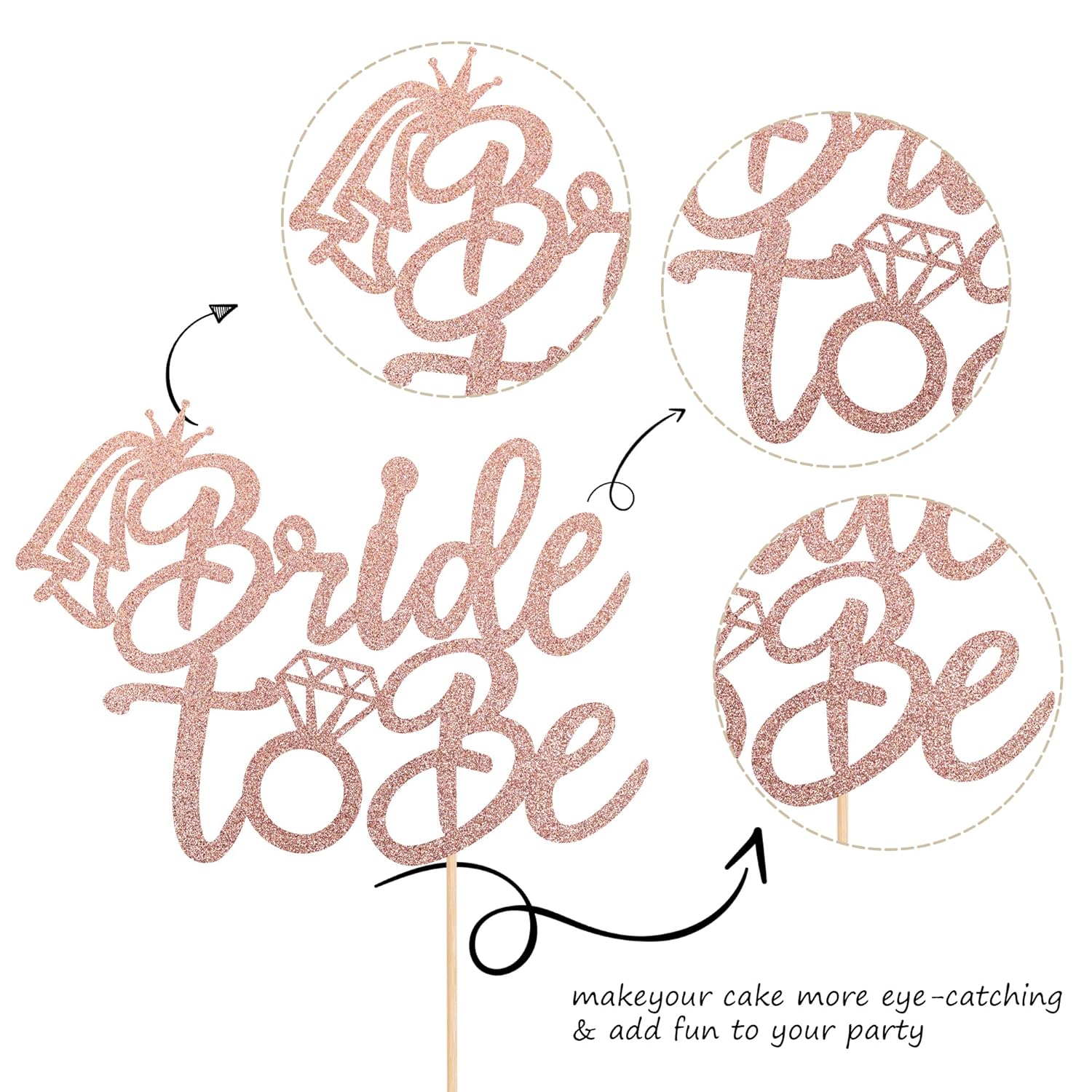 1 PCS Bride to Be Cake Topper with Glitter Ring Bridal Shower Cake Pick Decorations for Wedding Engagement Theme Bachelorette Party Supplies Rose Gold