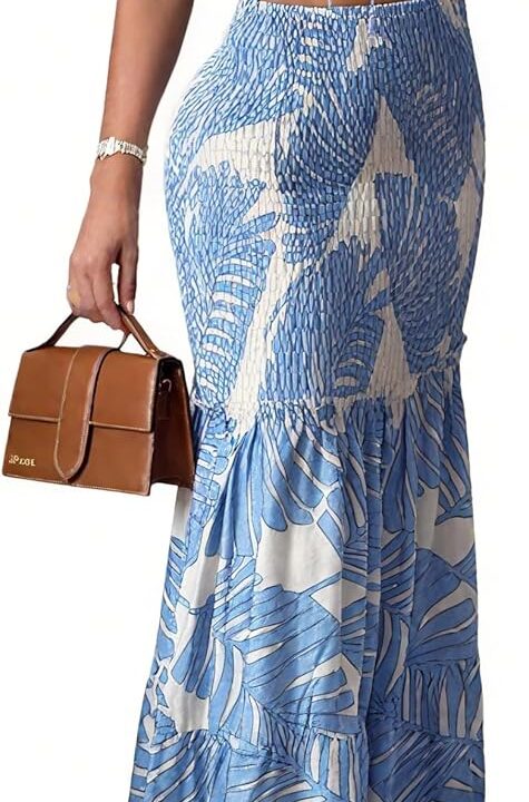 CHICME Floral Printed Prom Dress Tie Ruched Shirred Bandeau Party Dress Slim Fit Ruffle Hem Vacation Dresses