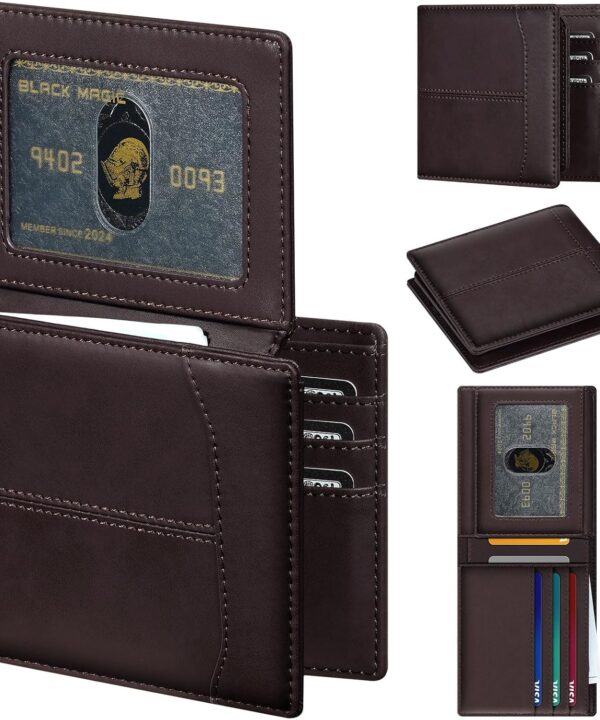 furid Leather Card Wallet For Men Slim: RFID Minimalist Bifold Credit Card Holder with 2 ID Windows - Front Pocket Wallets for Men - Gifts for Husband Father on Anniversary Birthday