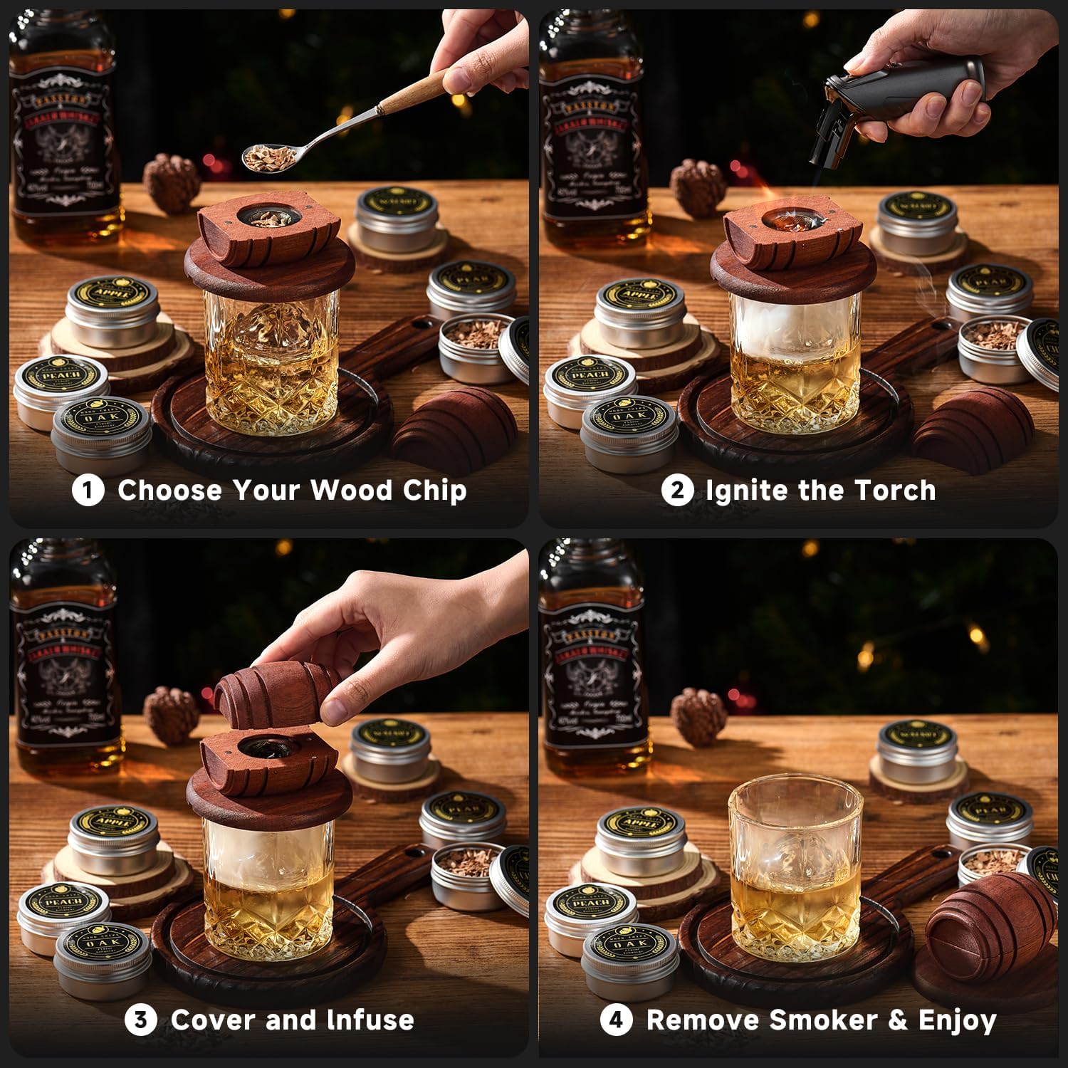 Whiskey Smoker Kit with Torch – 6 Flavors Wood Chips, 2 Glasses, 2 Ice Ball Molds – Cocktail Smoker Infuser Kit, Old Fashioned Drink Smoker Kit, Birthday Bourbon Whiskey Gifts for Men,Dad(NO Butane)
