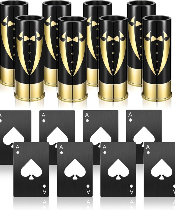 Yoption 16 Pcs Groomsmen Gifts Set, 8pcs Gauge Shot Glasses with 8pcs Credit Card Size Bottle Openers for Wedding Party Proposal Groomsmen Bridesmaid Favors