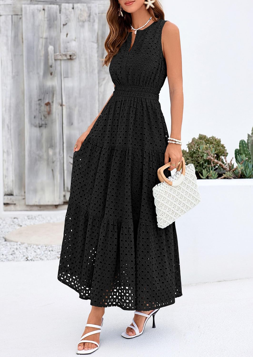 PRETTYGARDEN Summer Dresses for Women 2026 Sundresses Sleeveless V Neck Eyelet A Line Flowy Beach Vacation Spring Maxi Dress