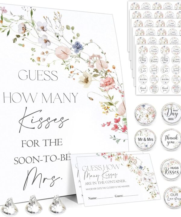 How Many Kisses Bridal Shower Games, How Many Kisses Standing Sign 50 Guessing Cards 180 Bridal Shower Kisses Stickers, How Many Kisses Flowers Bridal Shower Game Set for Bridal Shower and Weddings
