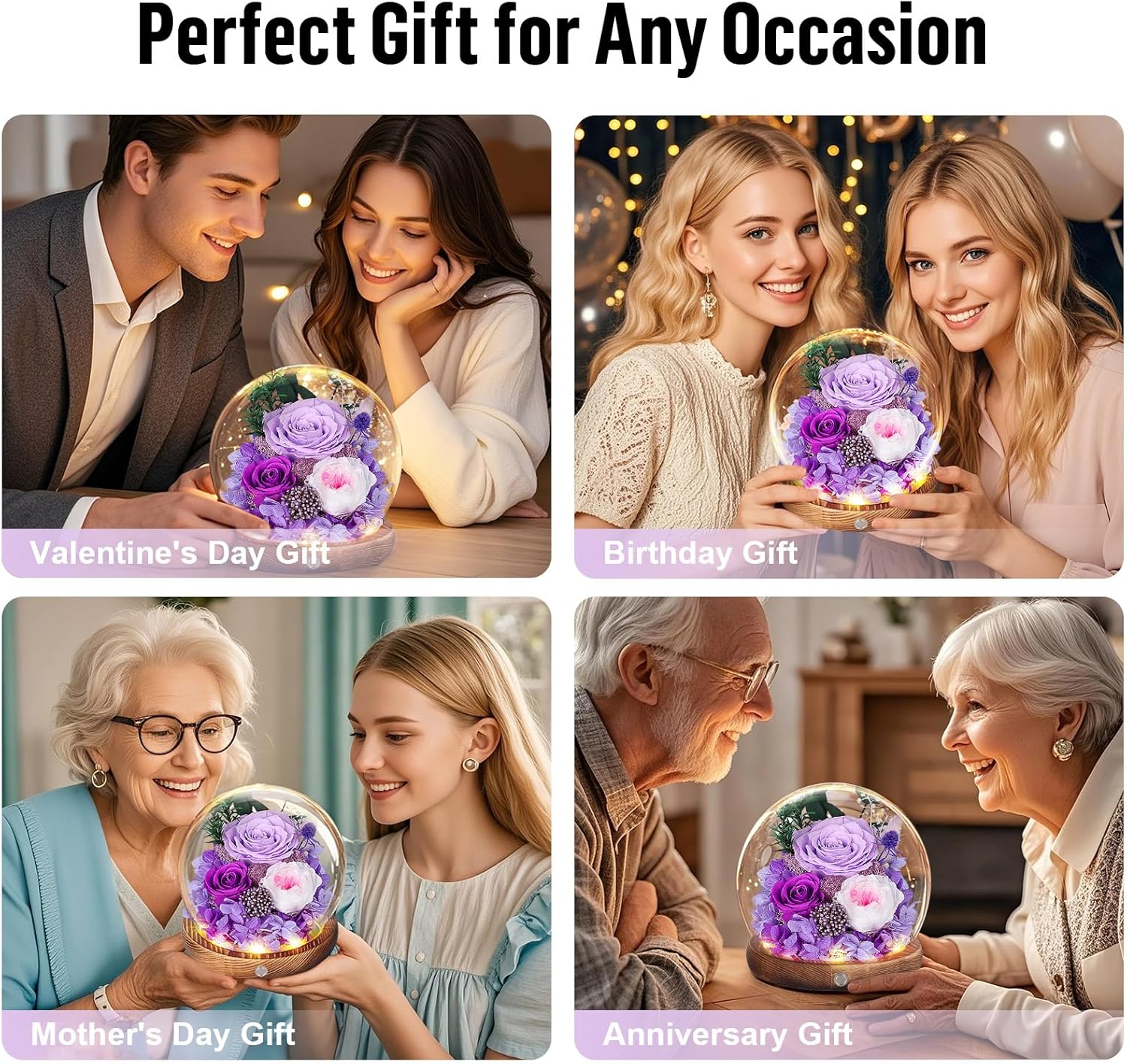 MAMAMIKO Preserved Roses in Glass Dome with LED Light – Long Lasting Real Roses, Forever Flowers for Delivery, Mothers Gifts for Her, Mom, Wife Anniversary Birthday Gifts for Women, Purple