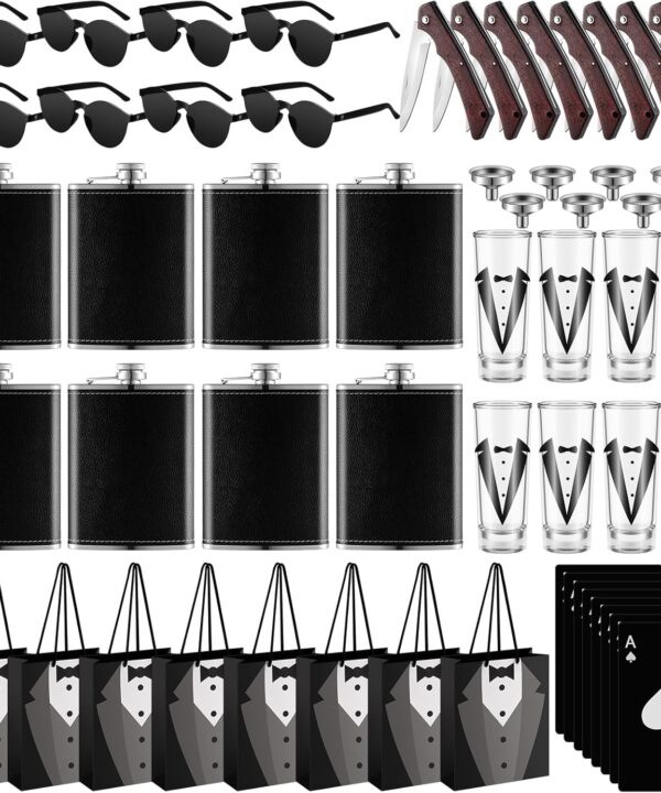 Tioncy 48 Pcs Groomsmen Proposal Gift 8 Engraved Pocket Knife 8 Groomsmen Gift Bags 8 Shot Glasses with Tuxedos 8 Stainless Steel Hip Flask 8 Poker Card Bottle Opener 8 Sunglasses