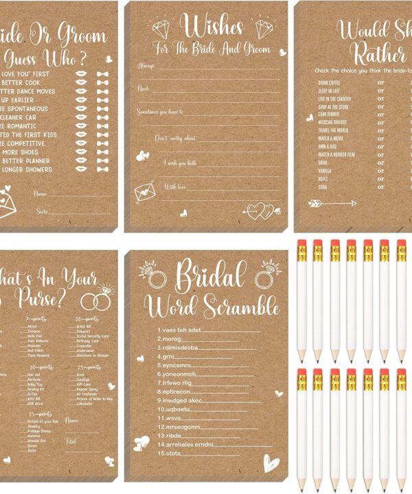 Funtery 145 Pcs Rustic Kraft Bridal Shower Games 5 Fun Wedding Party Games Activities Set Include 125 Wedding Shower Cards 20 Pencils Bride Groom Bachelorette Party Favor Supplies, for 25 Guests