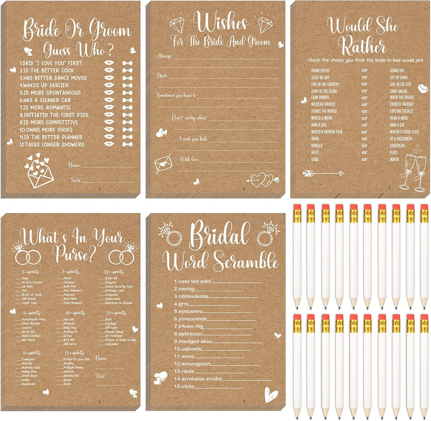 Funtery 145 Pcs Rustic Kraft Bridal Shower Games 5 Fun Wedding Party Games Activities Set Include 125 Wedding Shower Cards 20 Pencils Bride Groom Bachelorette Party Favor Supplies, for 25 Guests