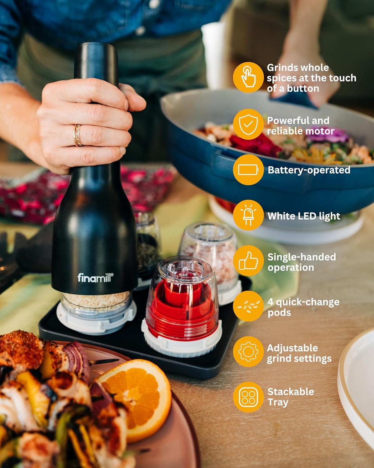 FinaMill Ultimate Gift Set Battery Operated Spice Mill with 4 Interchangeable Spice Pods & Slate Quartet Stackable Tray, Adjustable Coarseness, Ceramic Grinder, LED Light, Kitchen Gifts for Women