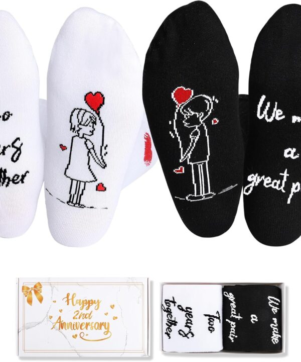 2nd Anniversary Cotton Gift Set  2 Pairs of Romantic Cotton Couple Socks with 2 Years Anniversary Card & Gift Box for Couples, Him, Her, Husband, Wife