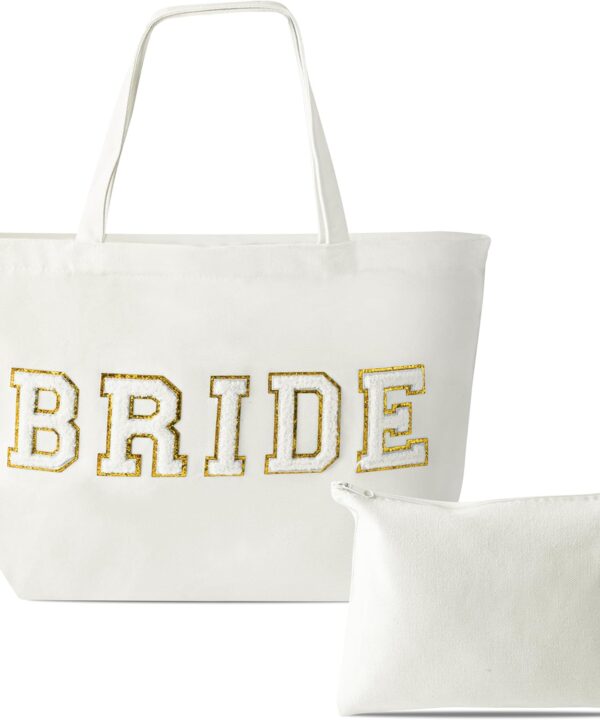 B1ykin 2Pcs Chenille Letter Patches Canvas Tote Bag with Zipper Pocket, Travel Handbag Zipper Pouch Gifts for Women Girls