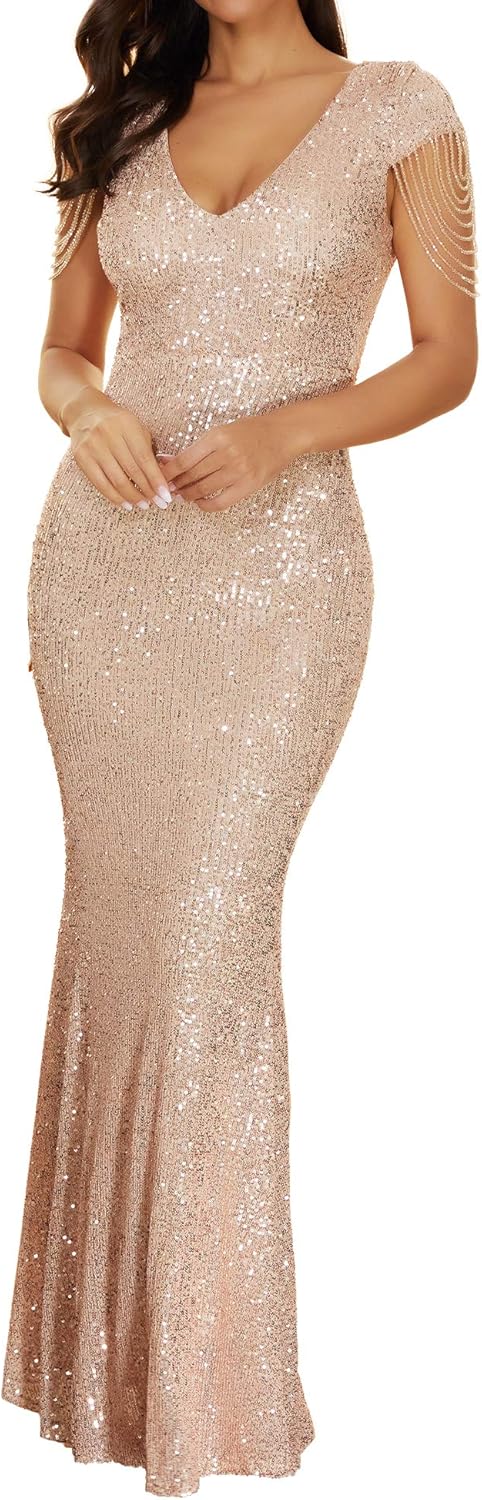 Women 1920s Plus Size Formal Dress Tassels Sleeve Sequins Gatsby Maxi Evening Gown