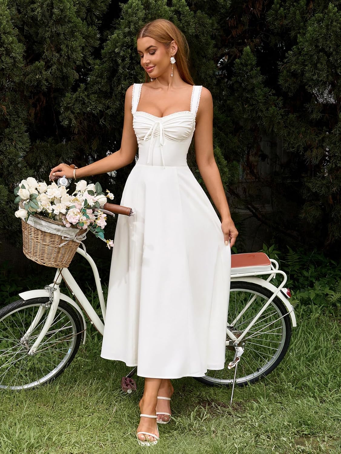 KUTUMAI Floral Corset Midi Dresses for Women 2026 Lace Up Flowy Summer Wedding Guest Dress with Pockets