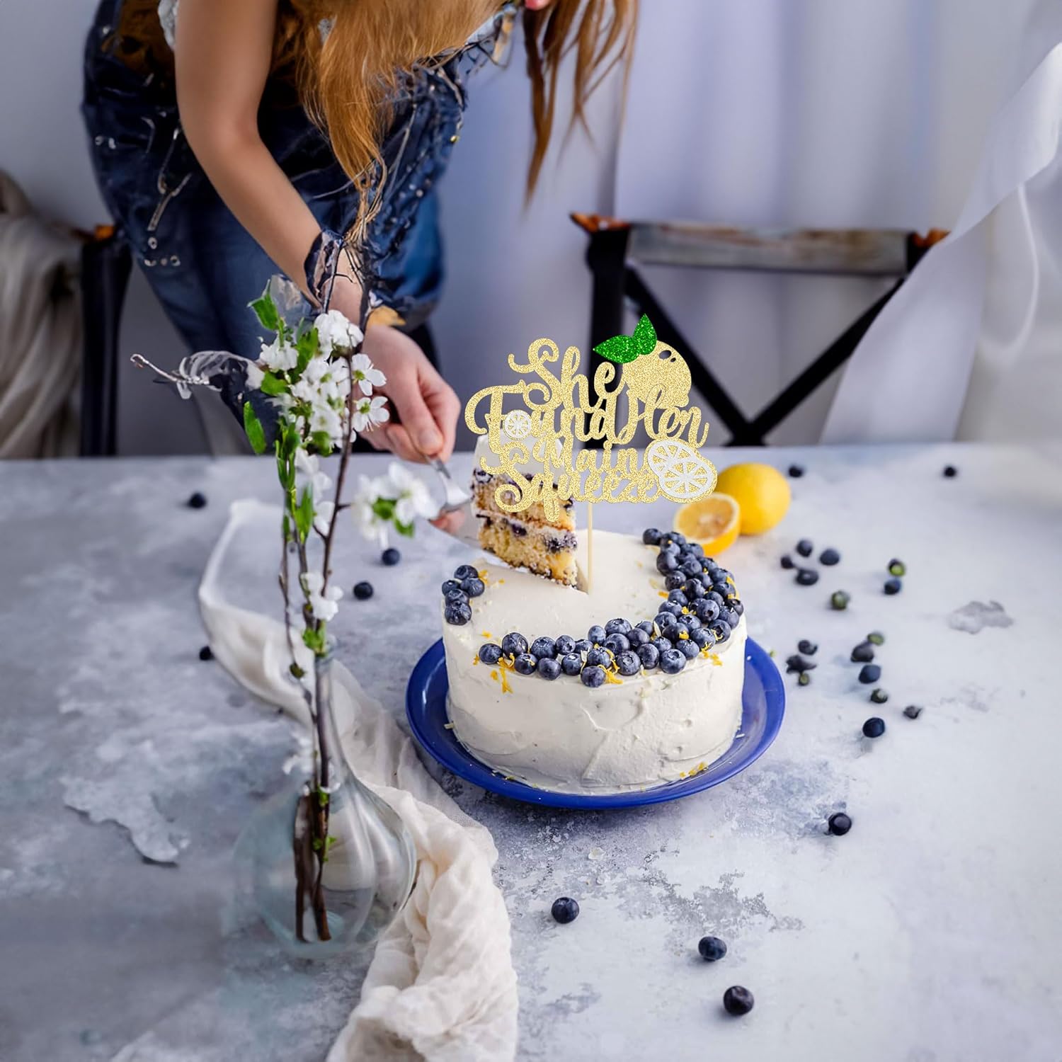 Gyufise 1Pcs She Found Her Main Squeeze Cake Topper Glitter Bridal Shower Party Cake Decorations for Lemon Theme Wedding Engagement Bachelorette Party Supplies