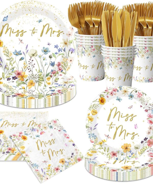 Floral Bridal Shower Decorations - 144Pcs Miss to Mrs Paper Plates and Napkins Spring Wildflower Wedding Tableware Set