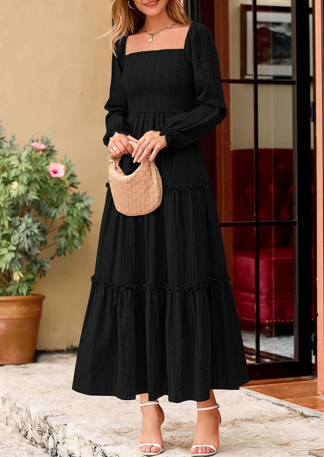 PRETTYGARDEN Spring Dresses for Women 2026 Casual Long Sleeve Smocked Ruffle Flowy Elegant Wedding Guest Maxi Dress Pockets
