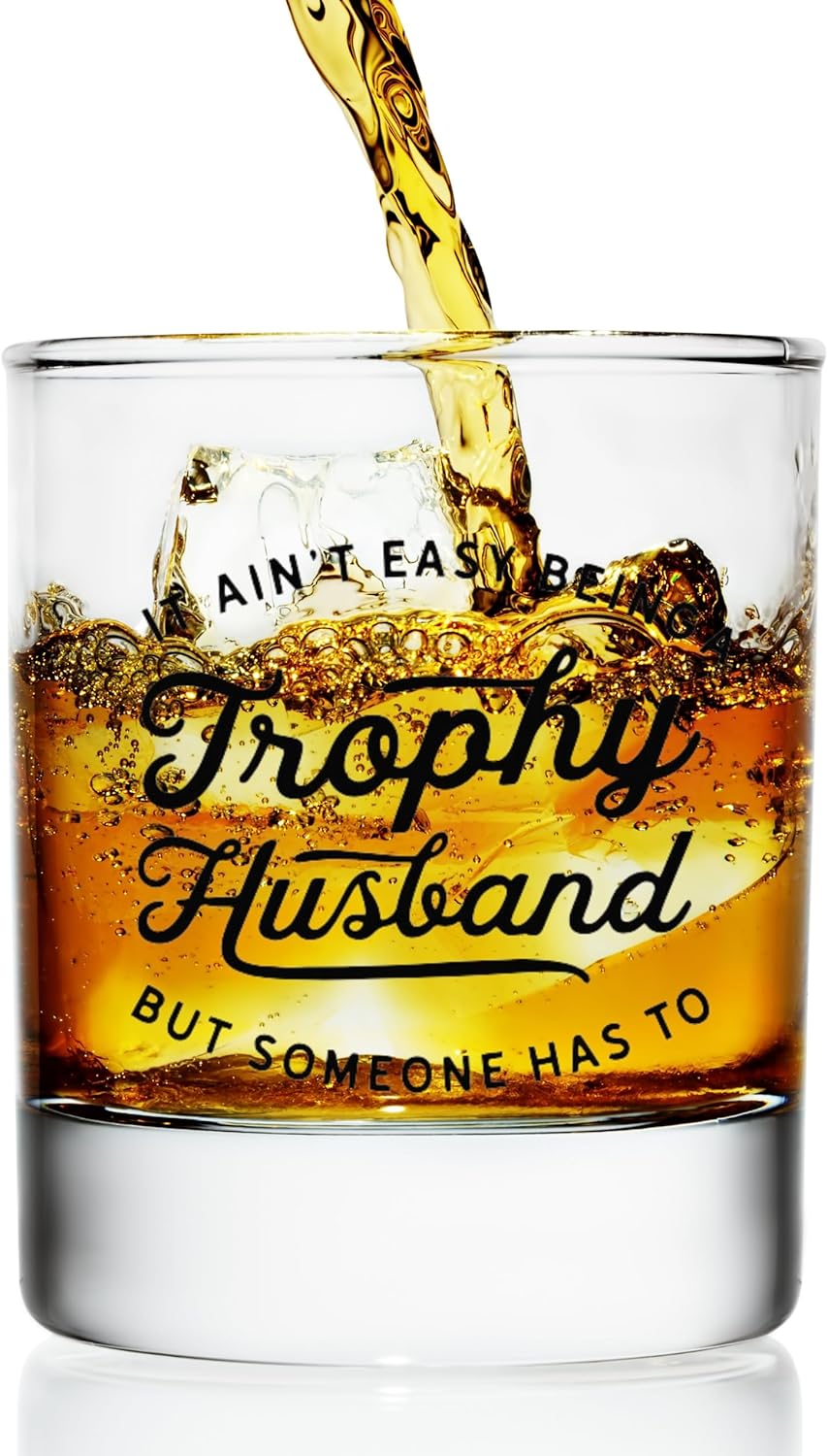 Valentines Day Gifts for Husband Funny Bourbon Gifts for Men Cool Anniversary or Birthday Gift for Him from Wife, Gift Idea for Men Who Have Everything – Trophy Husband Whiskey Glass