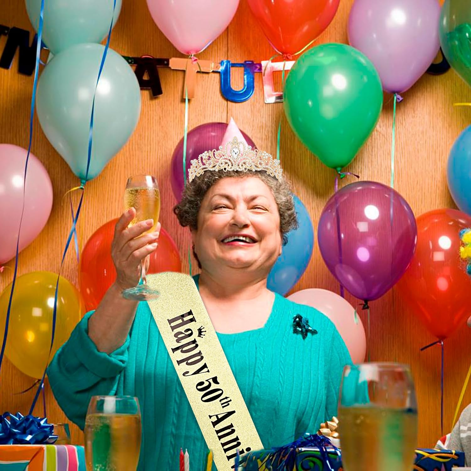 YARIEW 50th Anniversary Decorations, Gold Crown and Happy 50th Anniversary Sash Set, Tiara Crown Sash for 50th Wedding Anniversary Decorations for Party Gifts for Women