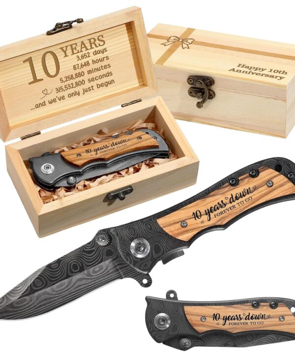 10 Years Anniversary Keepsake Gifts for Him Engraved Pocket Knife with Gift Box Happy Tin Anniversary Customized Wedding Birthday Father's Day Gifts for Men Husband
