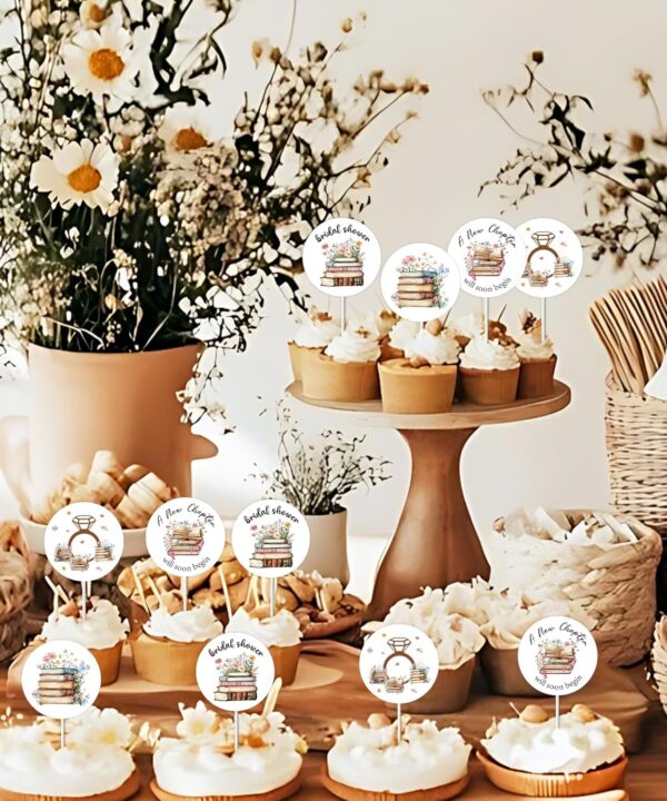 24pcs Storybook Theme Cupcake Topper Storybook Bridal Shower Decorations A New Chapter Will Soon Begin Cake Decoration for Girls Flower Storybook Bridal Shower Baby Shower Birthday Party Supplies