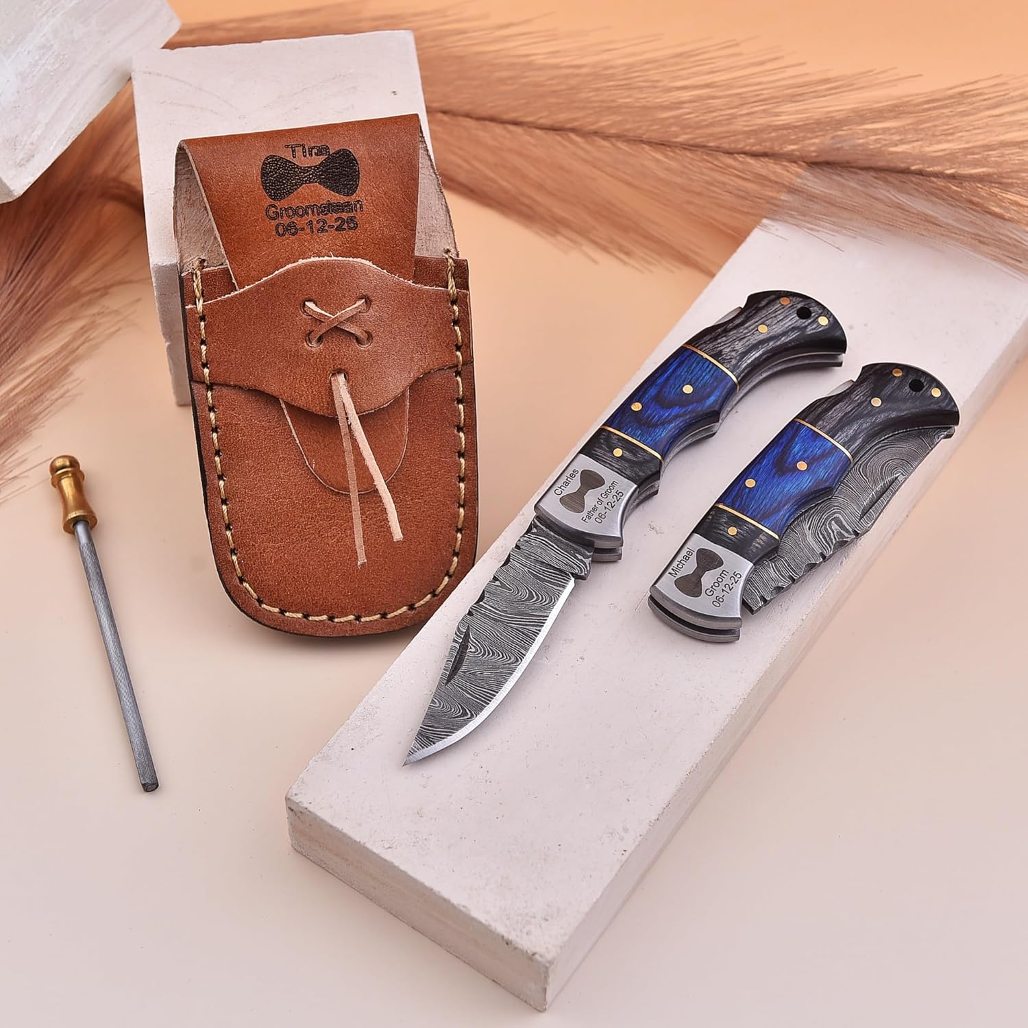 Set of 6 – Personalized Damascus Pocket Knife for Groomsmen -With Leather Sheaths – Custom Engraved Pocket Knives | Groomsman Gifts for Wedding, Groomsmen Proposal Gifts