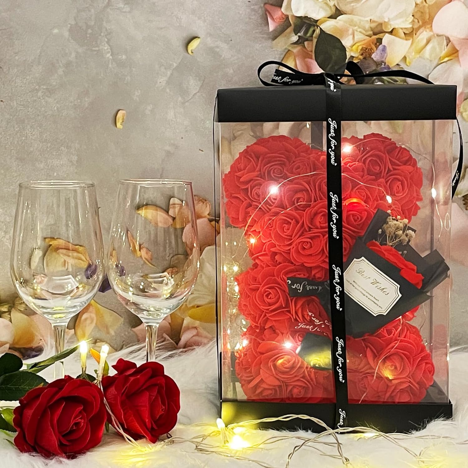 Romantic Valentines Day Gift For Her Artificial Flower Rose Teddy Bear With Preserved Flowers Bouquet And Blind Box Pearl Necklace Birthday Gift For Wife Girlfriend Mom Women Mothers Day Home Decor